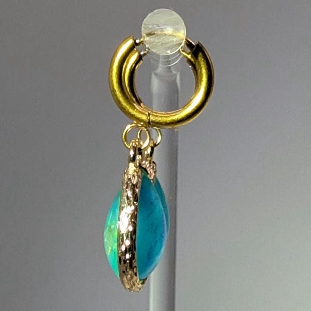 Blue Green Opalescent Teardrop Gold Ion-plated Huggie Earrings - Picture 8 of 8